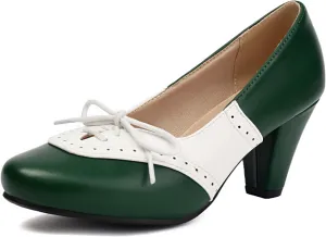 Elerhythm Women's Mary Jane 1920s Pump Heels Two Tones Classic and Retro Lace Up Wingtip 1950s Vintage Round Closed Toe 1940s Shoes