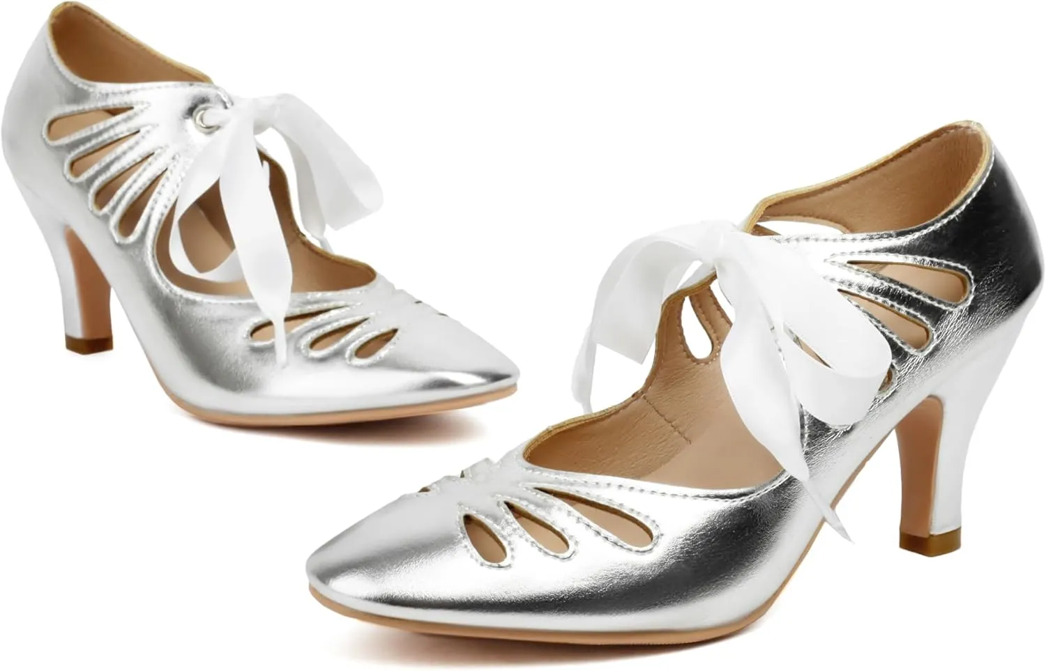 Elerhythm Women's Mary Jane Lace Up Teardrop Cut Out Close Round Toe Vintage 1950s Gatsby Heels Retro 1920s Victorian Pumps Shoes