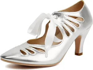 Elerhythm Women's Mary Jane Lace Up Teardrop Cut Out Close Round Toe Vintage 1950s Gatsby Heels Retro 1920s Victorian Pumps Shoes