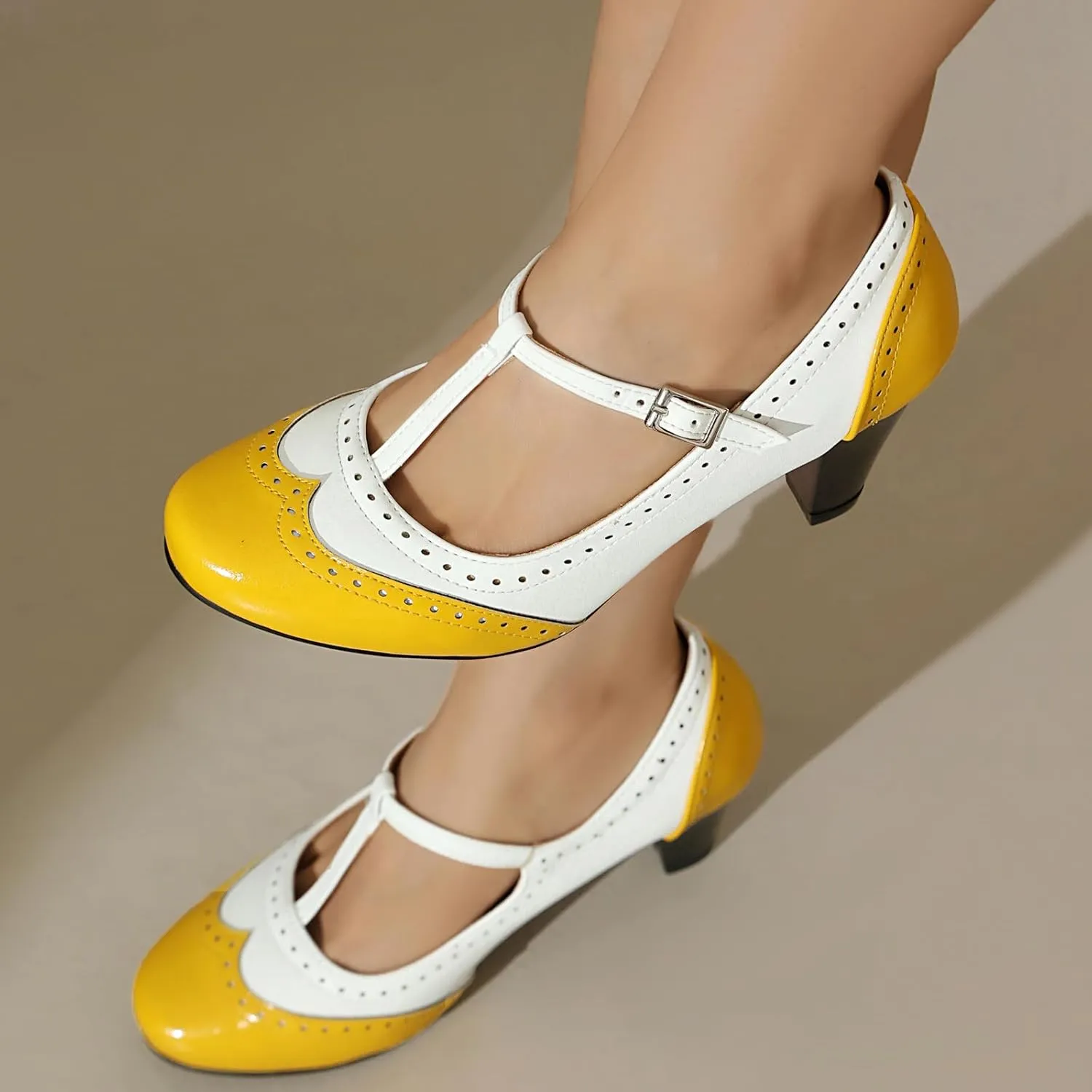 Elerhythm Women's Mary Jane Two Tone Classic and Retro Oxford Wingtip 1920s Pump Heels 1950s Vintage Round Closed Toe 1940s Ankle Strap Dress Shoes