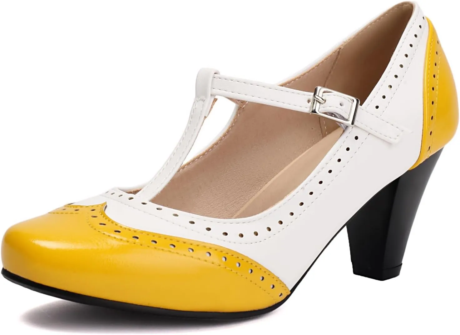 Elerhythm Women's Mary Jane Two Tone Classic and Retro Oxford Wingtip 1920s Pump Heels 1950s Vintage Round Closed Toe 1940s Ankle Strap Dress Shoes