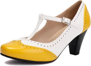 Elerhythm Women's Mary Jane Two Tone Classic and Retro Oxford Wingtip 1920s Pump Heels 1950s Vintage Round Closed Toe 1940s Ankle Strap Dress Shoes