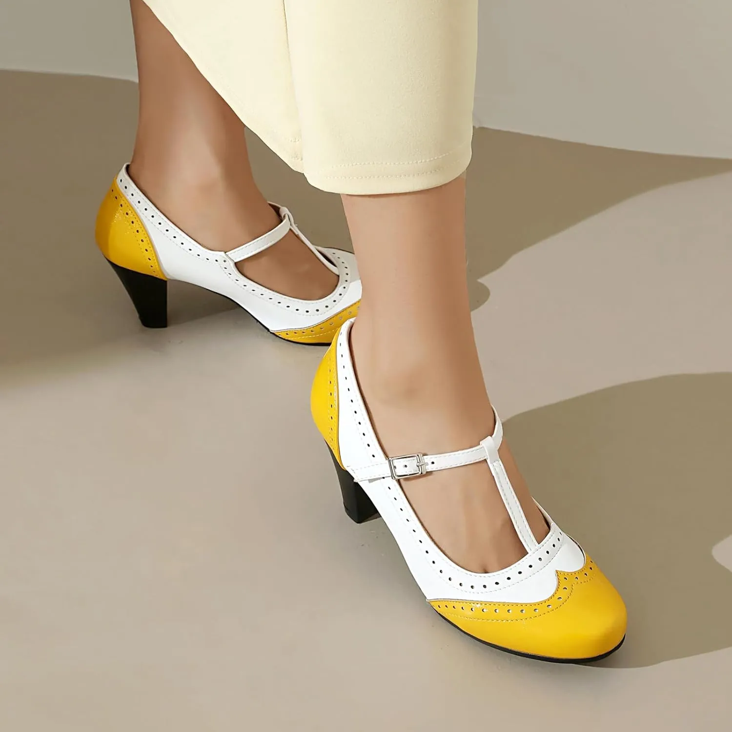 Elerhythm Women's Mary Jane Two Tone Classic and Retro Oxford Wingtip 1920s Pump Heels 1950s Vintage Round Closed Toe 1940s Ankle Strap Dress Shoes
