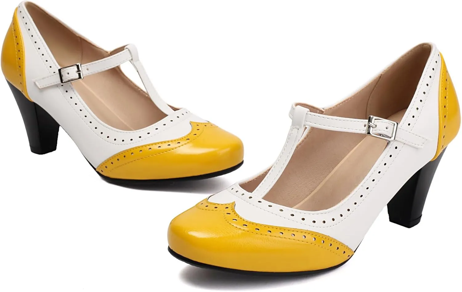 Elerhythm Women's Mary Jane Two Tone Classic and Retro Oxford Wingtip 1920s Pump Heels 1950s Vintage Round Closed Toe 1940s Ankle Strap Dress Shoes