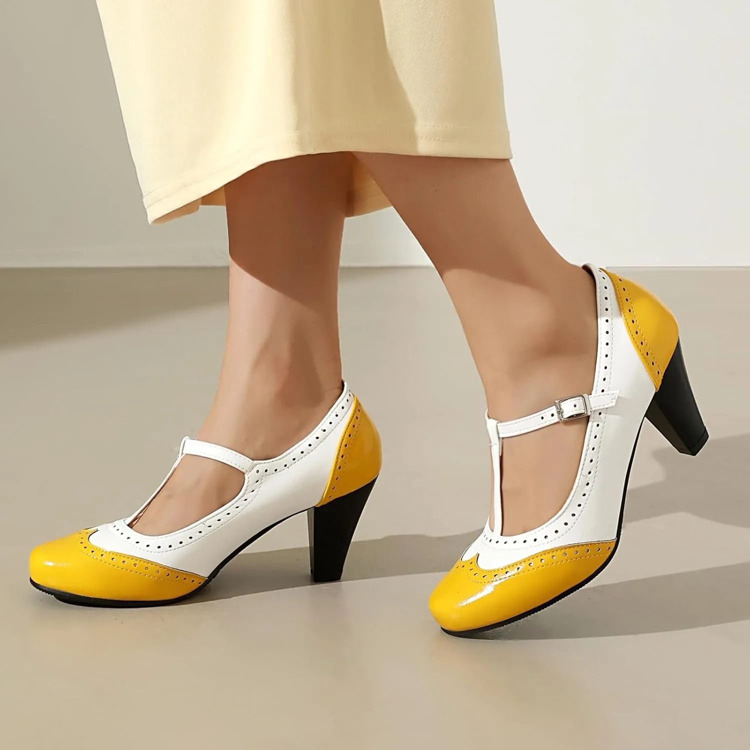 Elerhythm Women's Mary Jane Two Tone Classic and Retro Oxford Wingtip 1920s Pump Heels 1950s Vintage Round Closed Toe 1940s Ankle Strap Dress Shoes