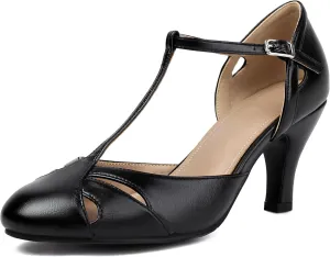 Elerhythm Women's Mary Jane Vintage Ankle Strap Closed Round Toe Gatsby Heels Retro 1950s Pumps 1920s Victorian Shoes