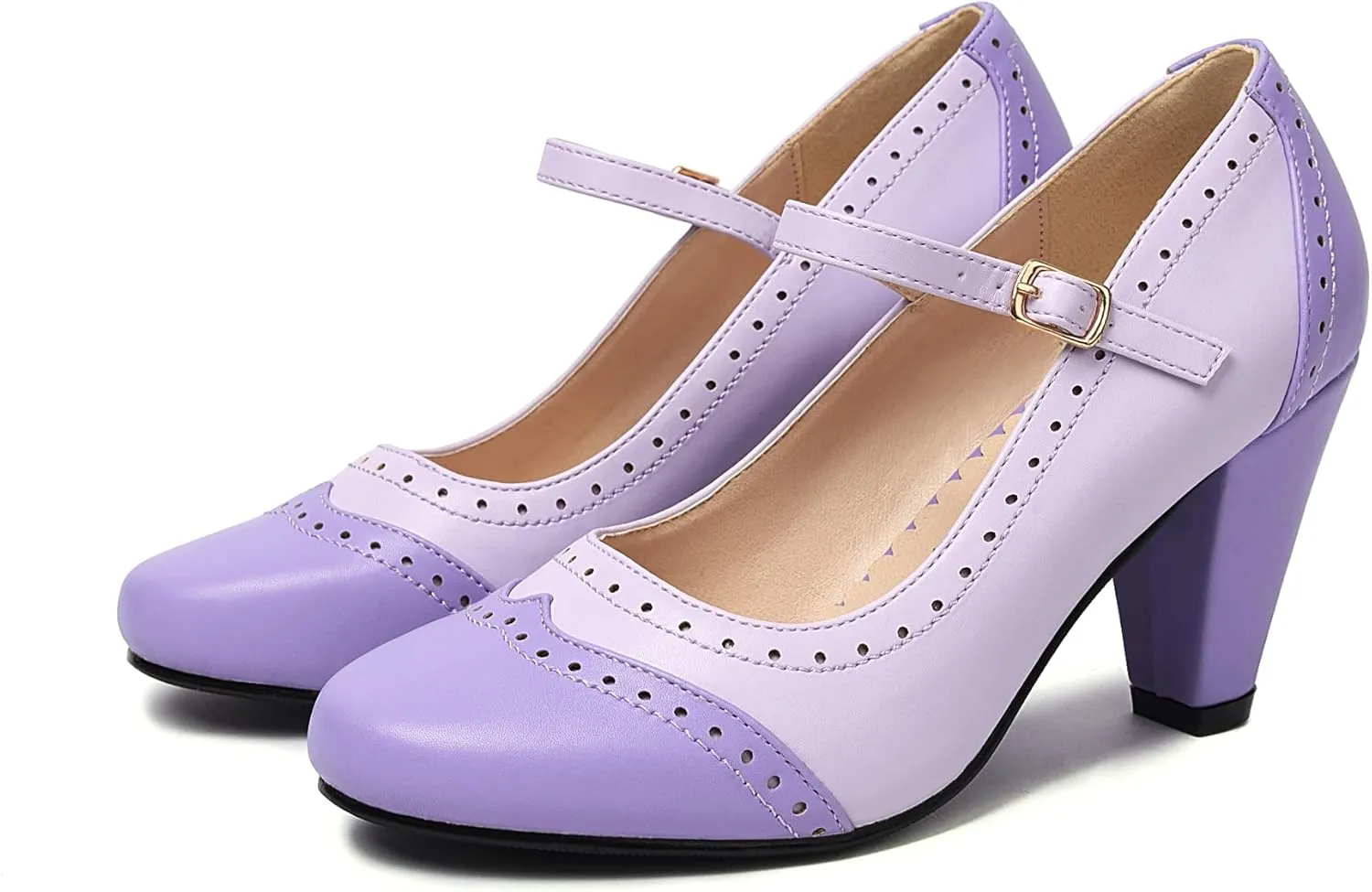 Elerhythm Women's Two Tone Mary Jane Classic and Retro 1920s Pump Heels Oxford Pattern 1950s Vintage Round Closed Toe Ankle Strap Dress Shoes