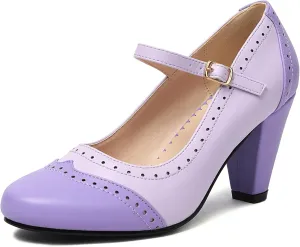 Elerhythm Women's Two Tone Mary Jane Classic and Retro 1920s Pump Heels Oxford Pattern 1950s Vintage Round Closed Toe Ankle Strap Dress Shoes