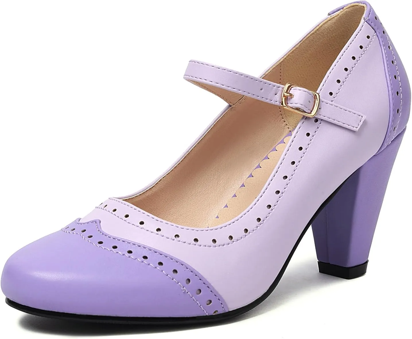 Elerhythm Women's Two Tone Mary Jane Classic and Retro 1920s Pump Heels Oxford Pattern 1950s Vintage Round Closed Toe Ankle Strap Dress Shoes