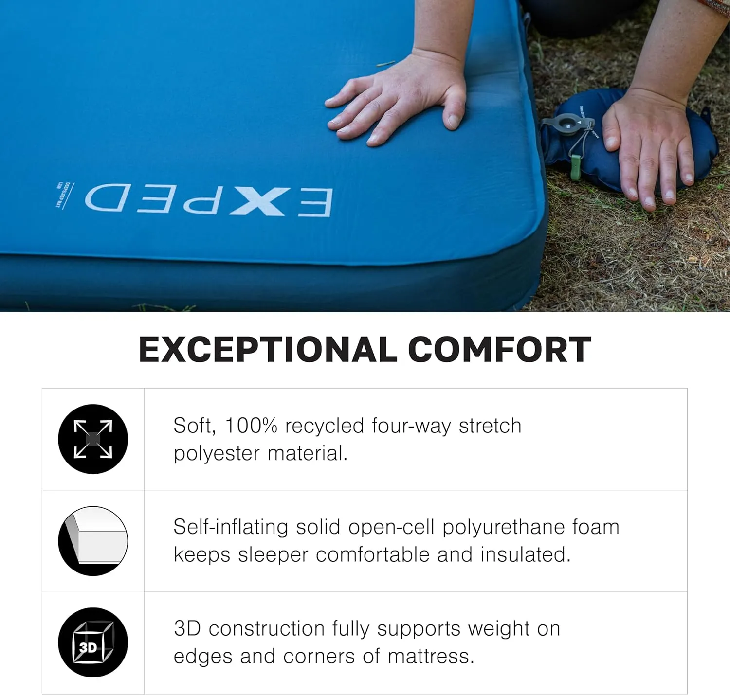 Exped DeepSleep Mat Single MW - Self Inflating Firm Car Sleeping Mat, 3” Foam Pad, Pump Included