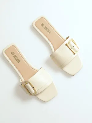 Flat One Strap Push In Mule Sandal With Mother Of Pearl - White