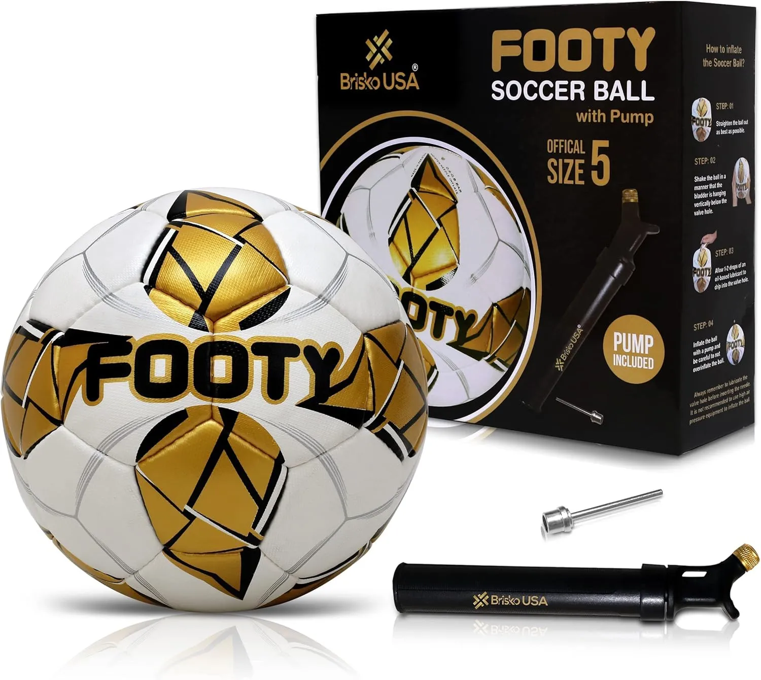 Footy - Size 5 Leather Soccer Ball with Pump - Professional Youth Training Ball