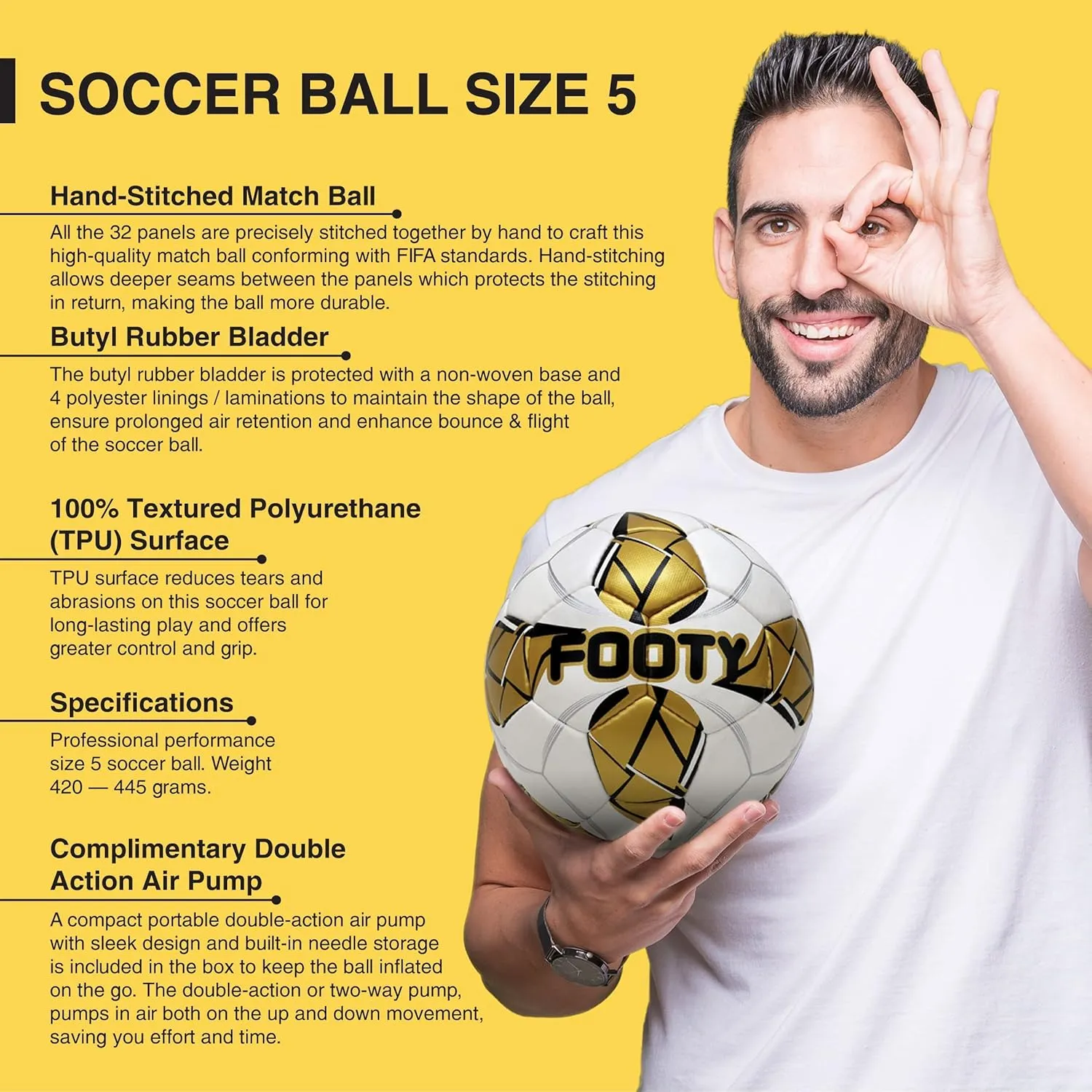 Footy - Size 5 Leather Soccer Ball with Pump - Professional Youth Training Ball