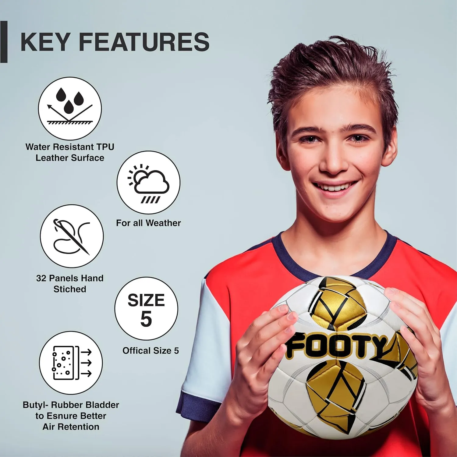 Footy - Size 5 Leather Soccer Ball with Pump - Professional Youth Training Ball