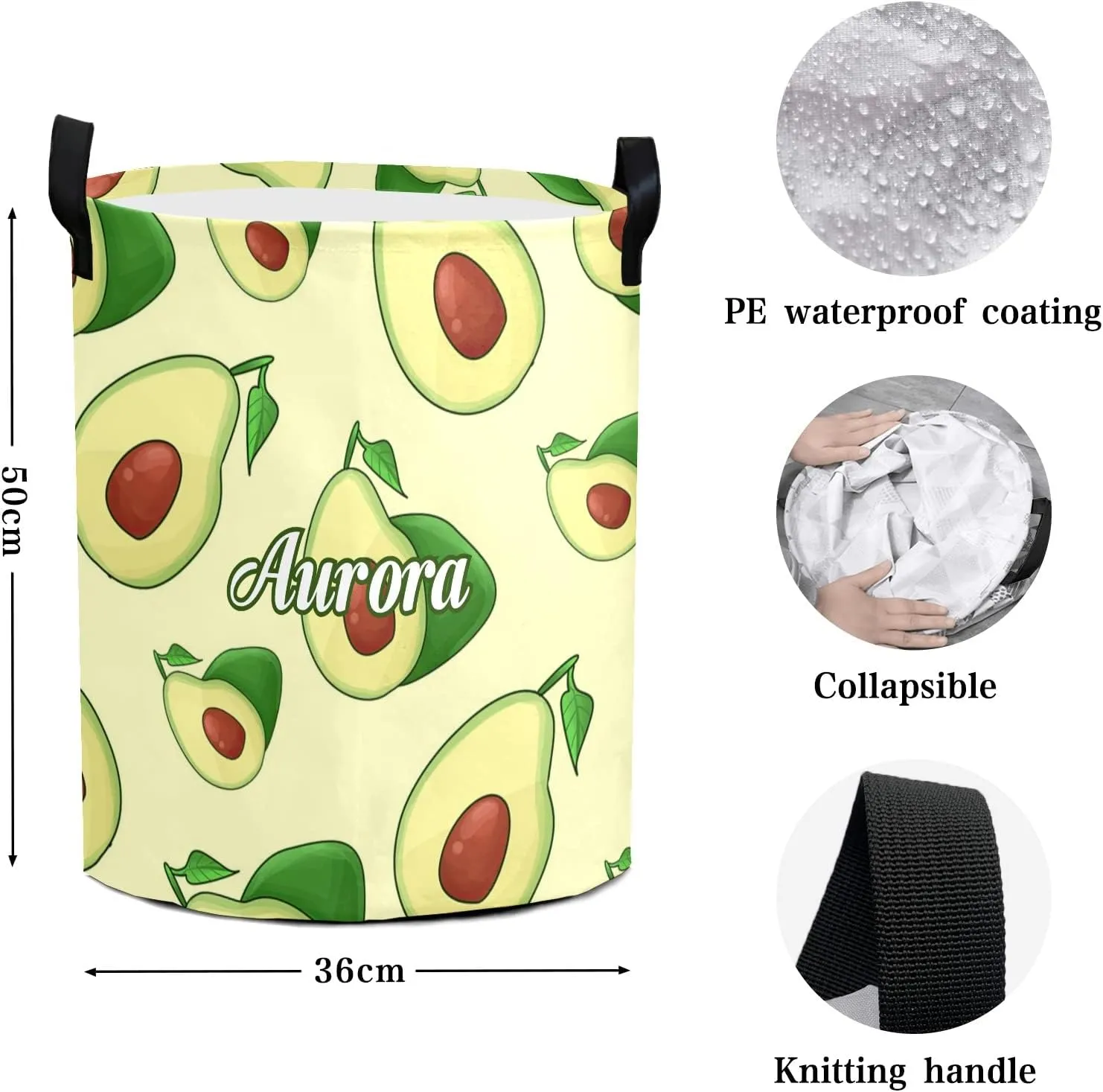Fruit Avocado Personalized Waterproof Foldable Laundry Basket Bag with Handle, Custom Collapsible Clothes Hamper Storage Bin for Toys Laundry Dorm Travel Bathroom