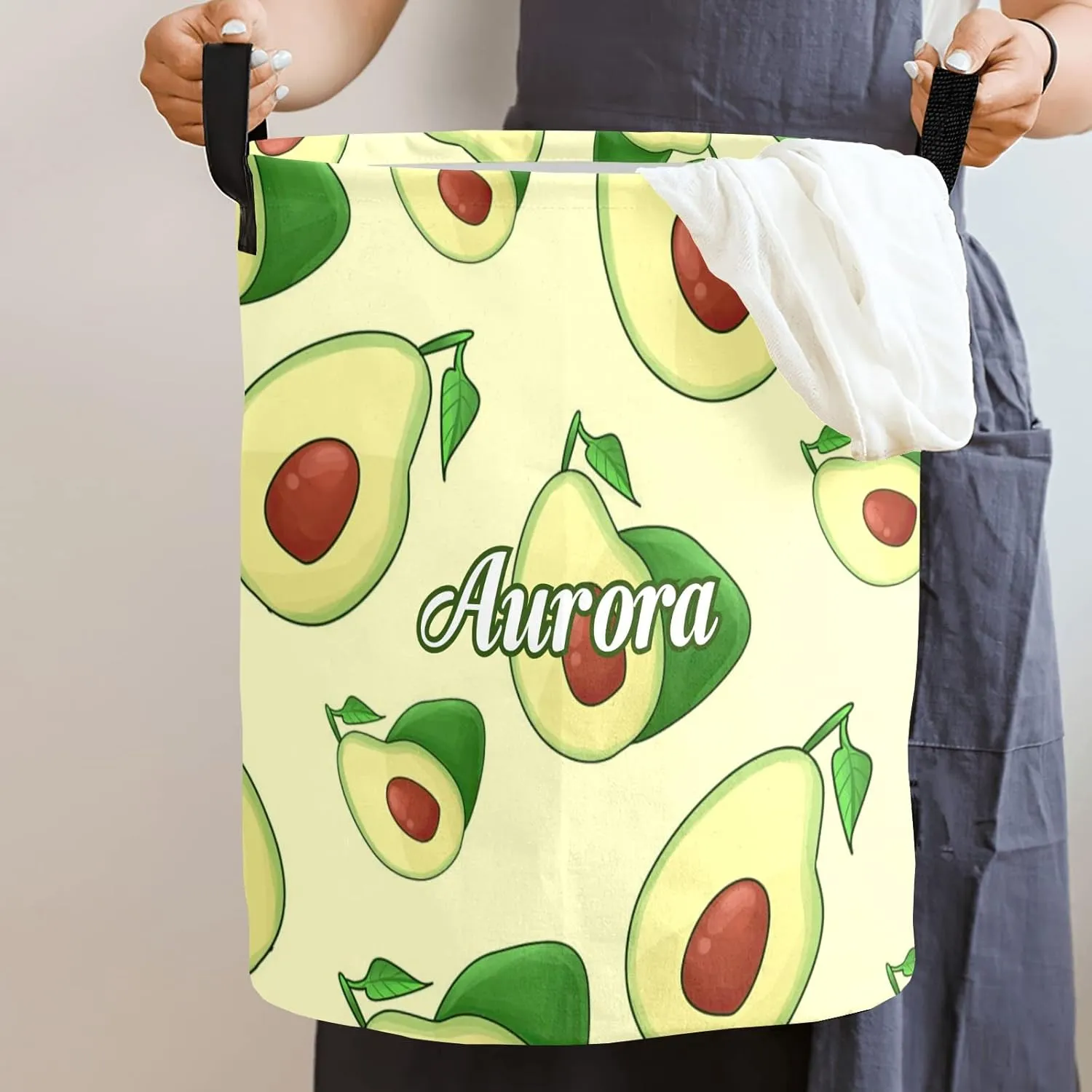 Fruit Avocado Personalized Waterproof Foldable Laundry Basket Bag with Handle, Custom Collapsible Clothes Hamper Storage Bin for Toys Laundry Dorm Travel Bathroom