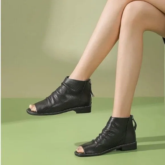 FSJ Black Peep Open Toe Slouchy Low Block Heel Ankle Booties Zipper Sandal