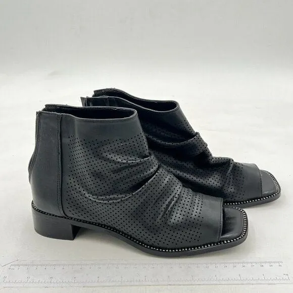 FSJ Black Peep Open Toe Slouchy Low Block Heel Ankle Booties Zipper Sandal