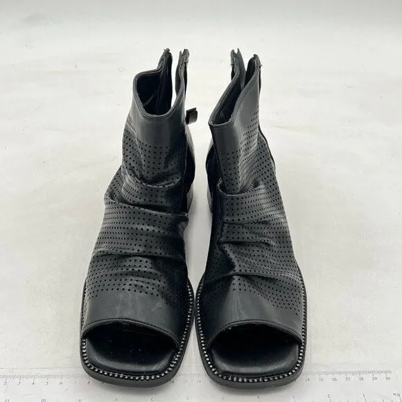 FSJ Black Peep Open Toe Slouchy Low Block Heel Ankle Booties Zipper Sandal