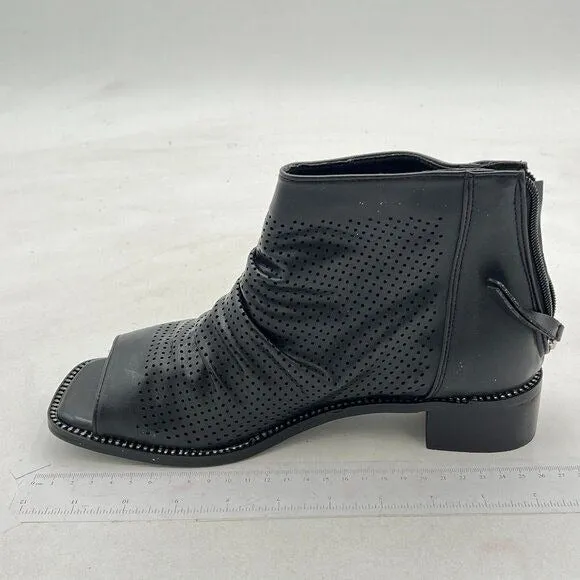FSJ Black Peep Open Toe Slouchy Low Block Heel Ankle Booties Zipper Sandal