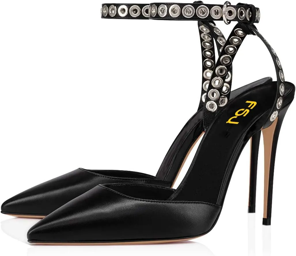 FSJ Women Pencil High Heel Spikes Studded Sandal Slip On D'Orsay Evening Pump Ankle Strap Clear Ballroom Dance Shoe Size 4-15 US