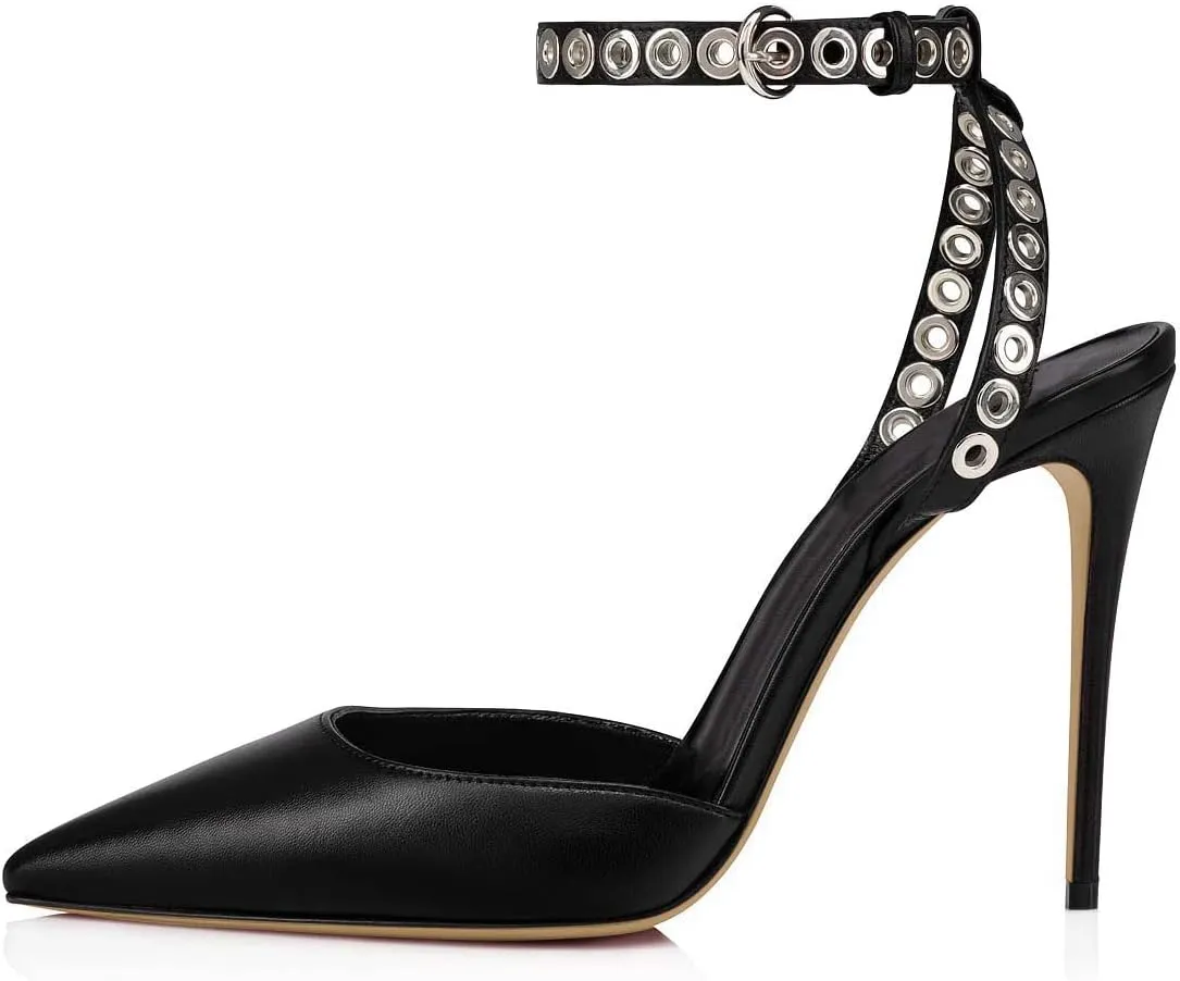 FSJ Women Pencil High Heel Spikes Studded Sandal Slip On D'Orsay Evening Pump Ankle Strap Clear Ballroom Dance Shoe Size 4-15 US