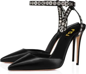 FSJ Women Pencil High Heel Spikes Studded Sandal Slip On D'Orsay Evening Pump Ankle Strap Clear Ballroom Dance Shoe Size 4-15 US