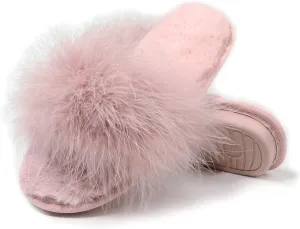 Fur Story Women's Furry Slippers Open Toe Fuzzy Slippers Memory Foam Fluffy House Sandal