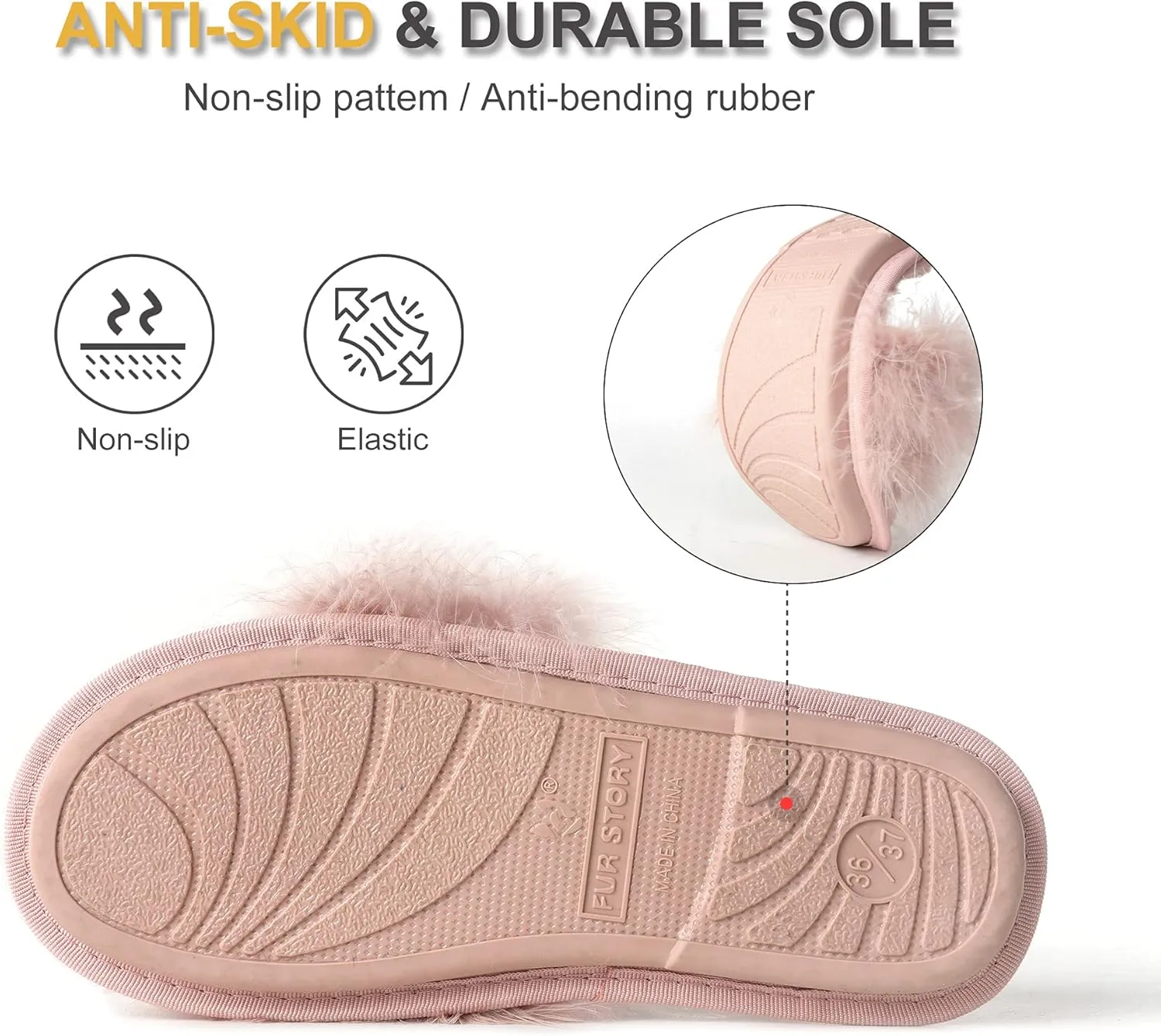 Fur Story Women's Furry Slippers Open Toe Fuzzy Slippers Memory Foam Fluffy House Sandal