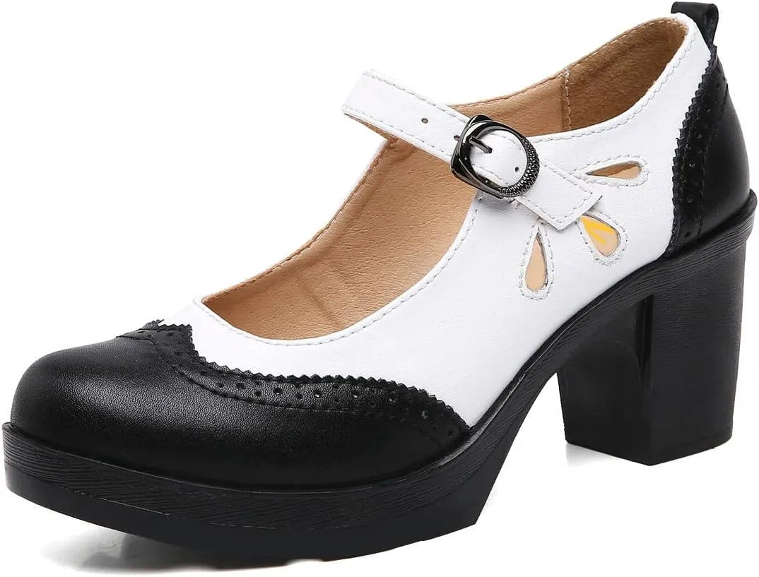 FYS Women Lovely Round Toe Pumps Ankle Strap Oxford Block Mid Heel Mary Janes Retro Daily Street Dress Shoes Size 4-16 US