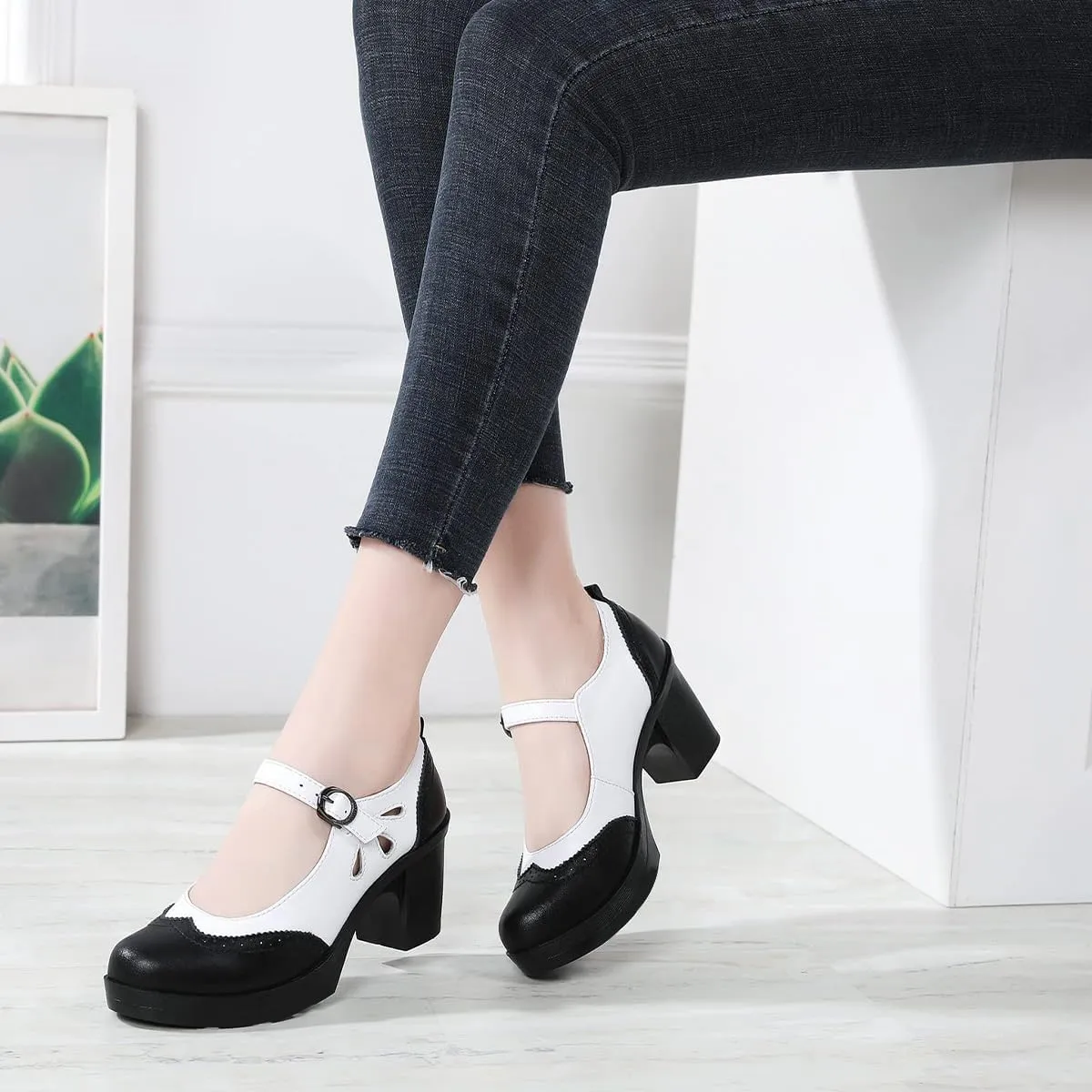 FYS Women Lovely Round Toe Pumps Ankle Strap Oxford Block Mid Heel Mary Janes Retro Daily Street Dress Shoes Size 4-16 US