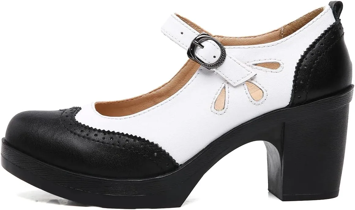 FYS Women Lovely Round Toe Pumps Ankle Strap Oxford Block Mid Heel Mary Janes Retro Daily Street Dress Shoes Size 4-16 US