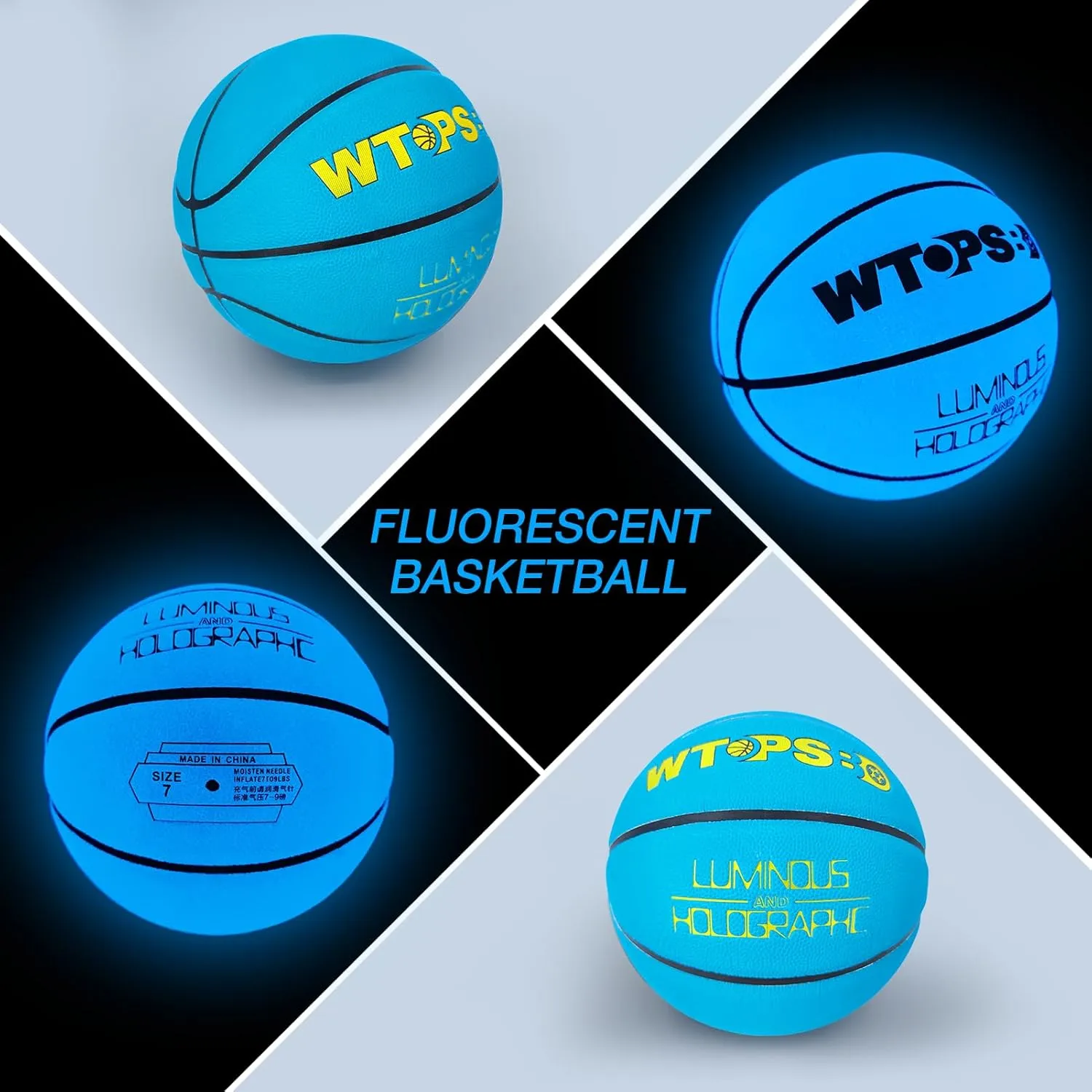 Glow in The Dark Basketball Blue Cool Glowing Luminous Basketball with Pump and Bag Indoor Outdoor PU Leather Basketballs Size 5/6/ 7