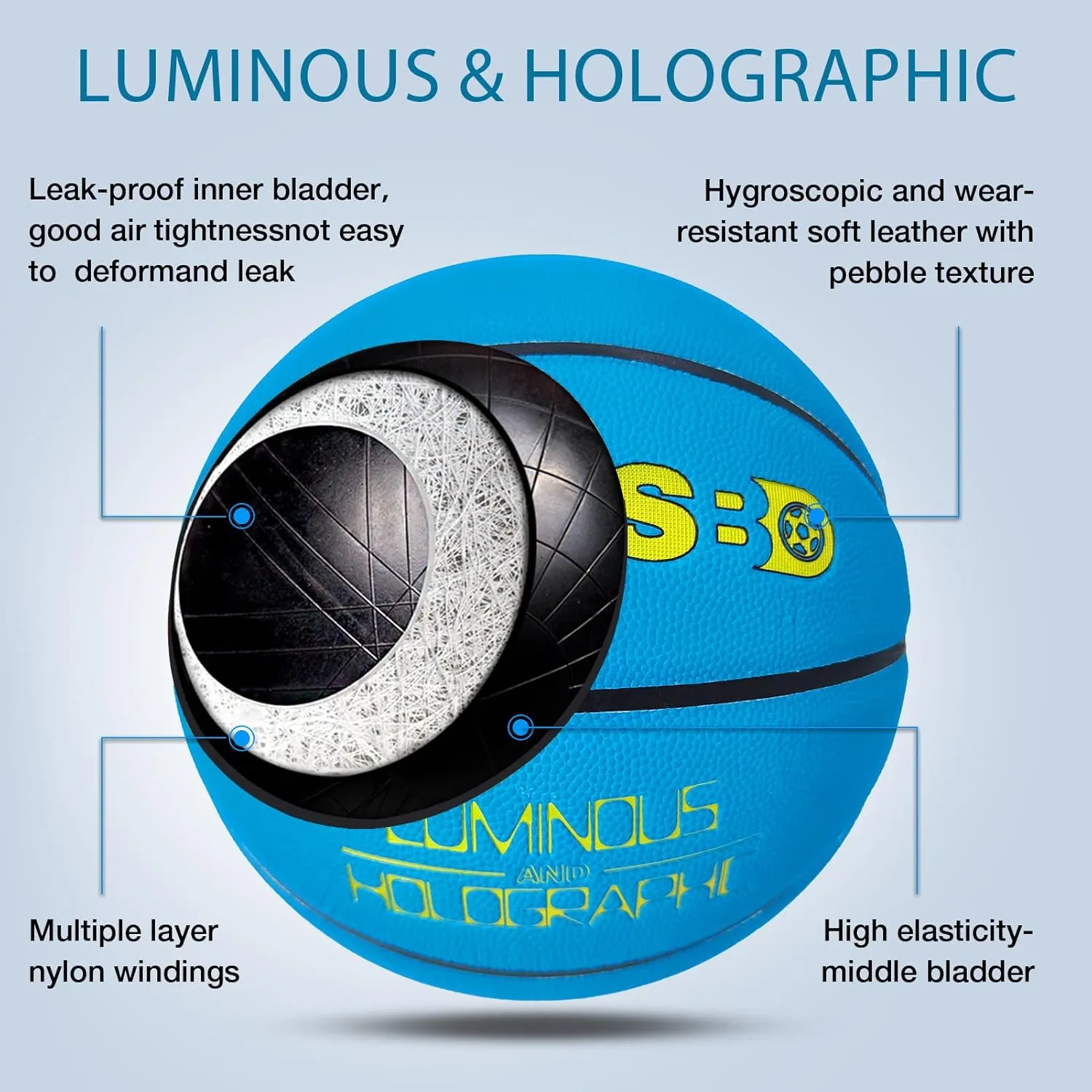 Glow in The Dark Basketball Blue Cool Glowing Luminous Basketball with Pump and Bag Indoor Outdoor PU Leather Basketballs Size 5/6/ 7