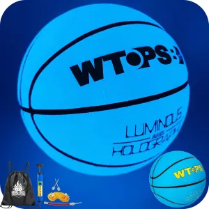 Glow in The Dark Basketball Blue Cool Glowing Luminous Basketball with Pump and Bag Indoor Outdoor PU Leather Basketballs Size 5/6/ 7