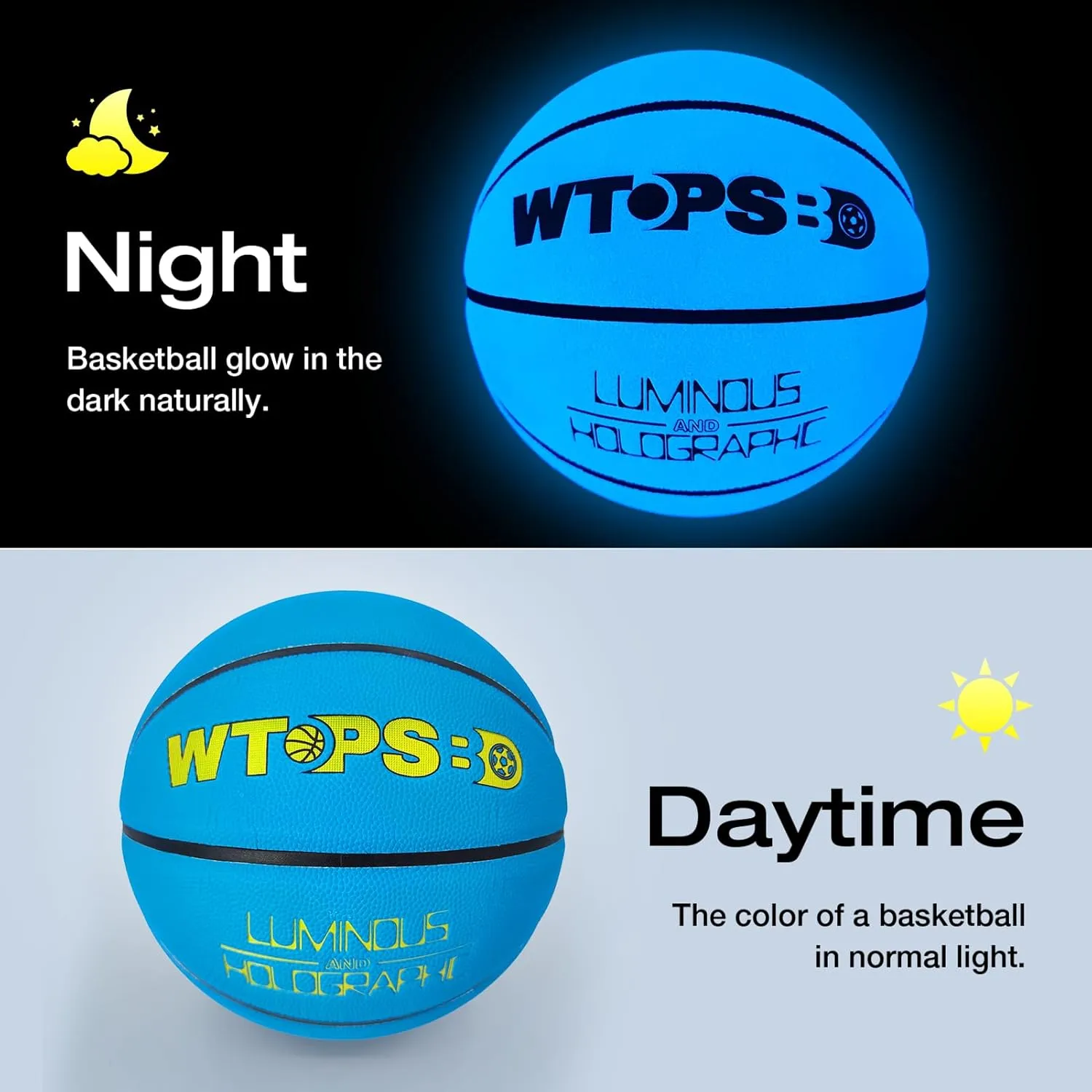 Glow in The Dark Basketball Blue Cool Glowing Luminous Basketball with Pump and Bag Indoor Outdoor PU Leather Basketballs Size 5/6/ 7
