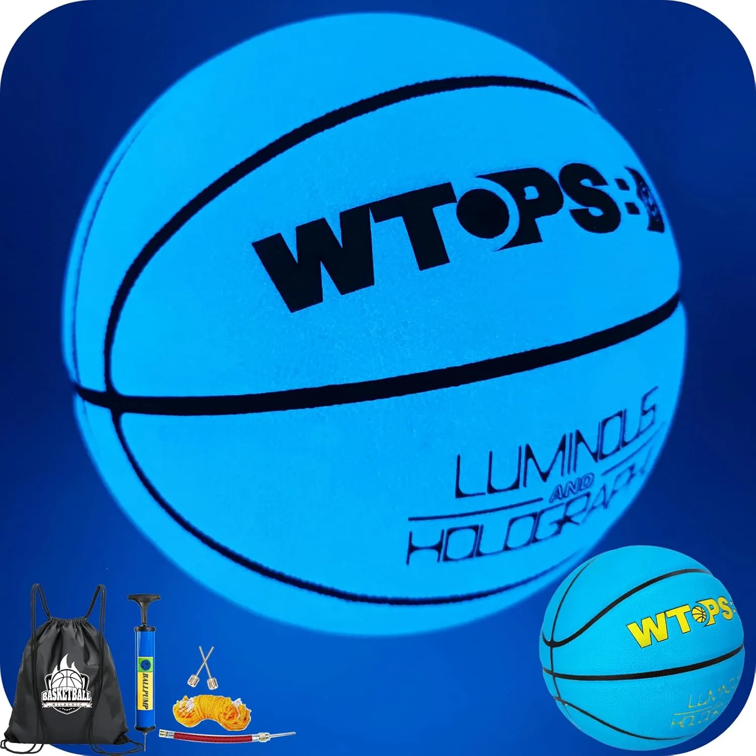 Glow in The Dark Basketball Blue Cool Glowing Luminous Basketball with Pump and Bag Indoor Outdoor PU Leather Basketballs Size 5/6/ 7