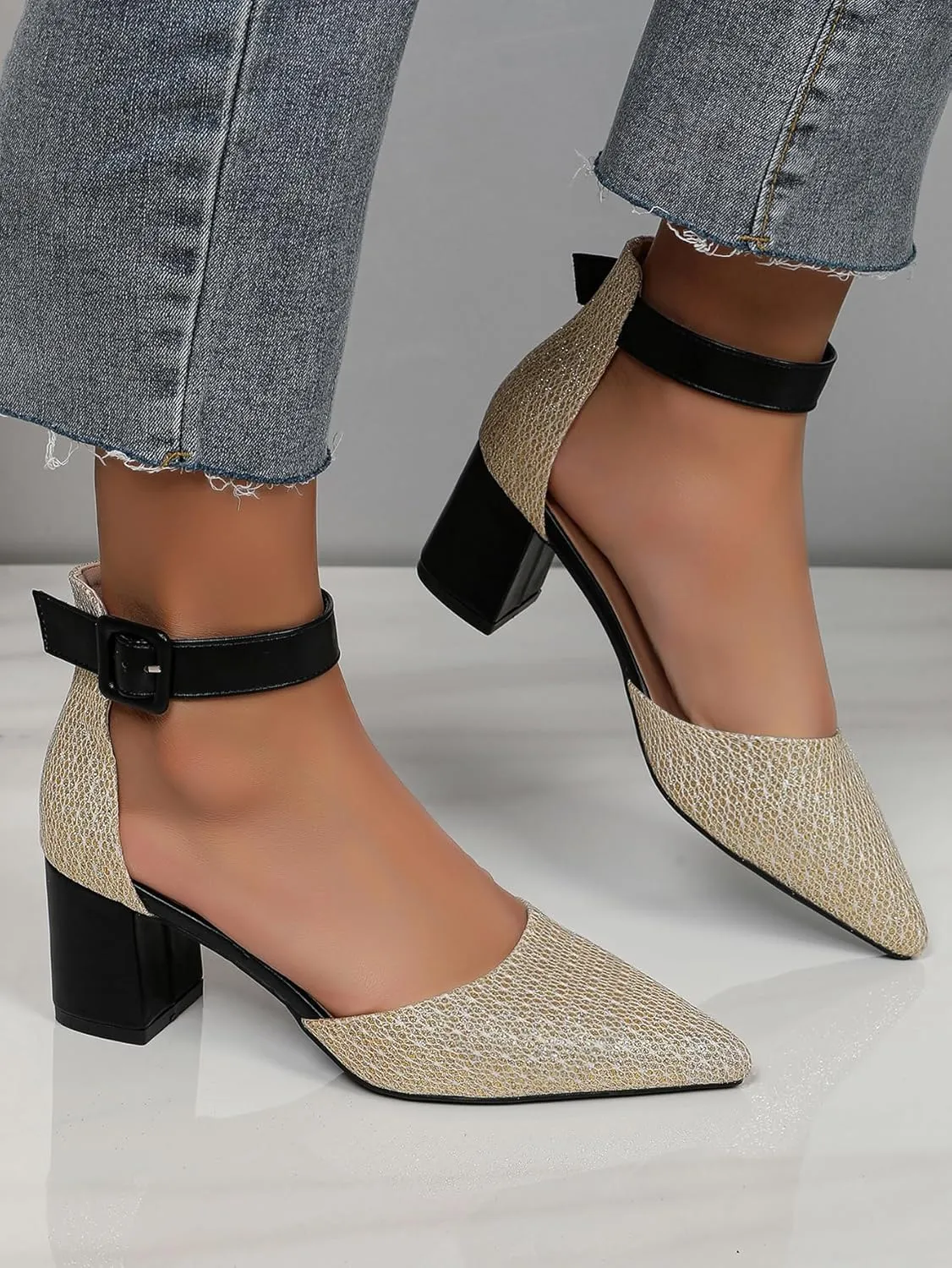 Gold Silver Dress Block Heels for Women Glitter Wedding Shoes for Bride Womens Two Tone Party Dressy Ankle Strap Pumps Closed Pointed Toe Low Thick Sandal Heels