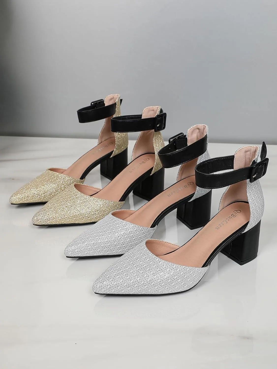 Gold Silver Dress Block Heels for Women Glitter Wedding Shoes for Bride Womens Two Tone Party Dressy Ankle Strap Pumps Closed Pointed Toe Low Thick Sandal Heels