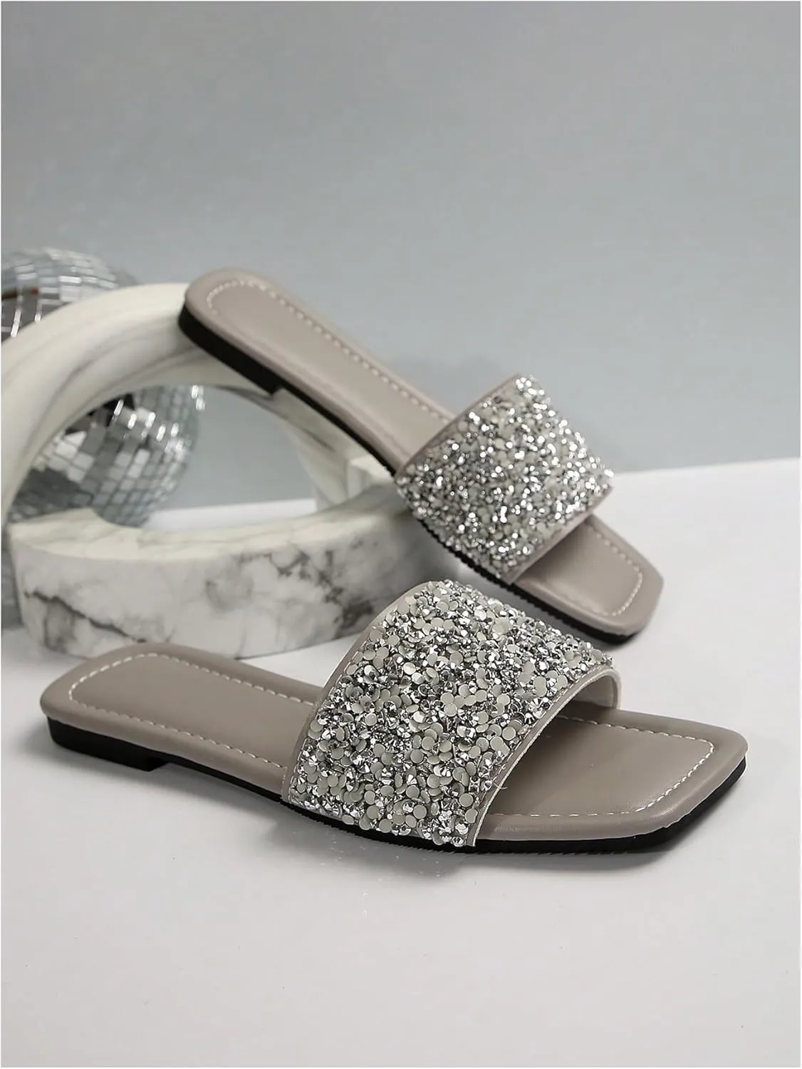 GORGLITTER Women's Glitter Wide Width Flats Sandals Dressy Sequin Sparkly Open Toe Slip on Summer Beach Slides Sandal