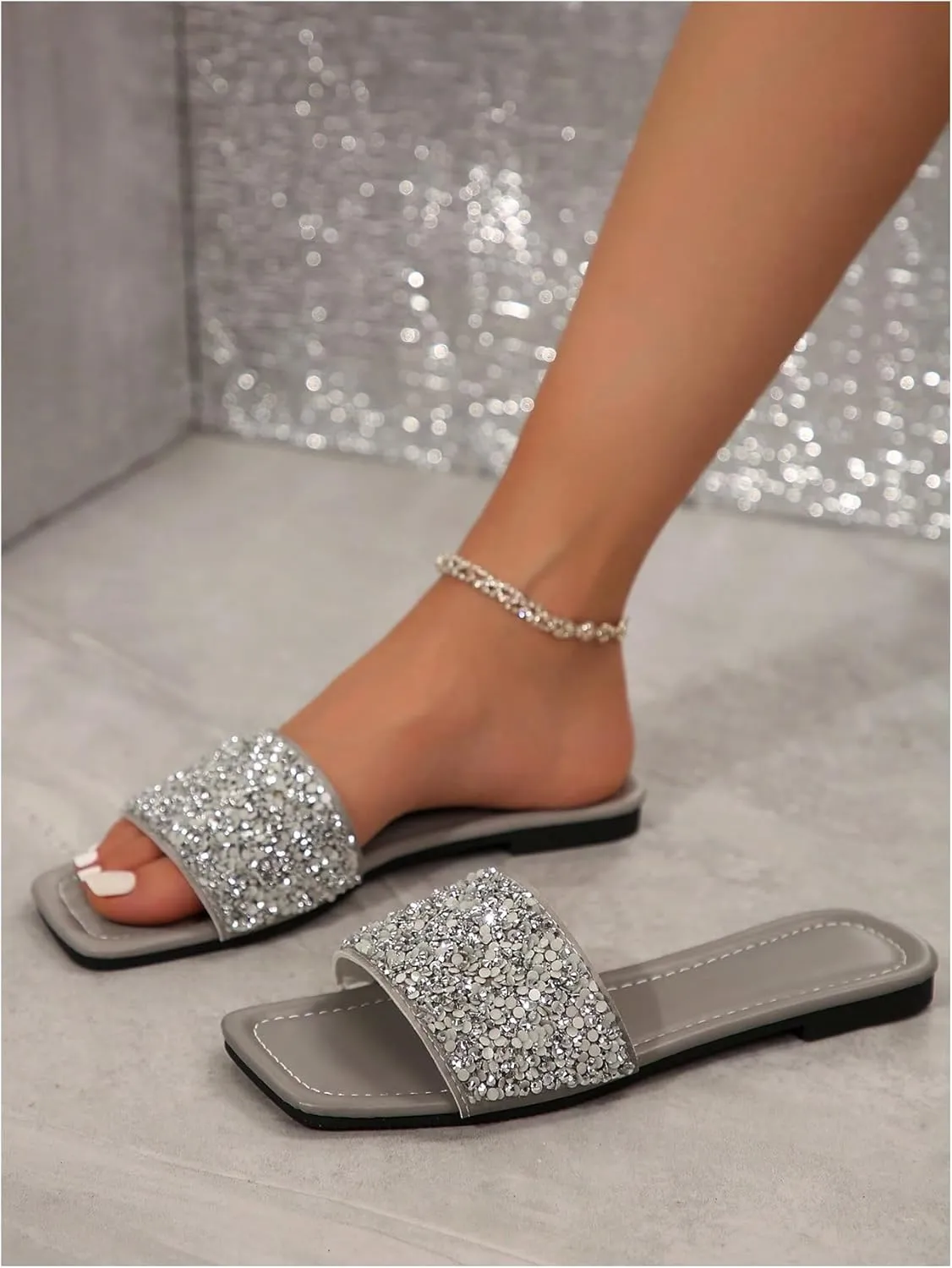 GORGLITTER Women's Glitter Wide Width Flats Sandals Dressy Sequin Sparkly Open Toe Slip on Summer Beach Slides Sandal