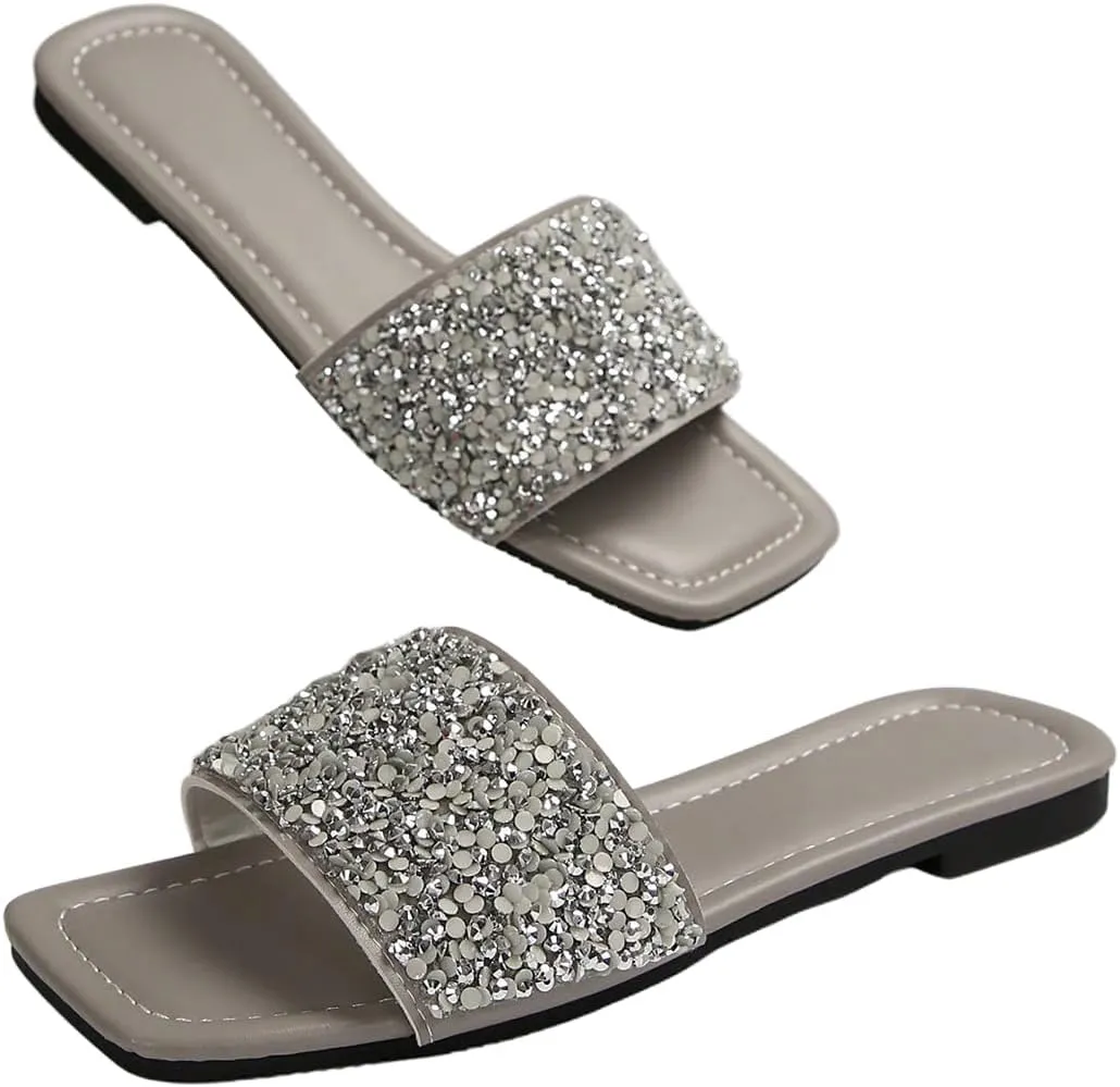 GORGLITTER Women's Glitter Wide Width Flats Sandals Dressy Sequin Sparkly Open Toe Slip on Summer Beach Slides Sandal