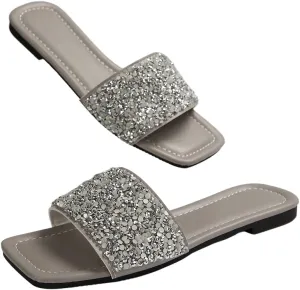 GORGLITTER Women's Glitter Wide Width Flats Sandals Dressy Sequin Sparkly Open Toe Slip on Summer Beach Slides Sandal