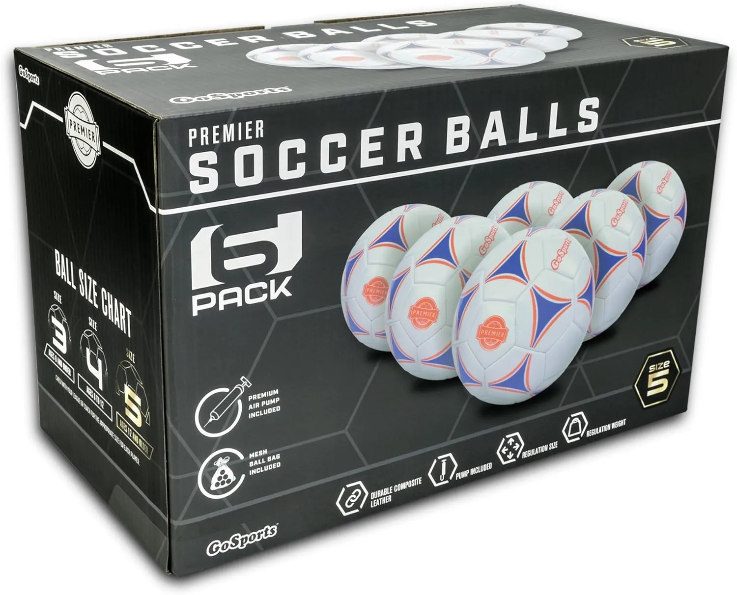 GoSports Premier Soccer Balls - Single or 6 Pack - Sizes 3, 4, 5, with Ball Pump