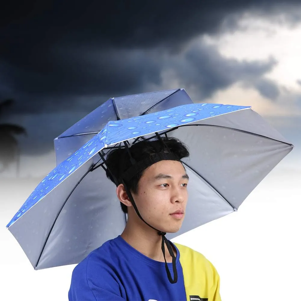 Head-Mounted Umbrella Hat, Wearable Sun Umbrella, Portable Sunshade Cap, Windproof Head Umbrella, Hands-Free Umbrella (雨滴蓝色)