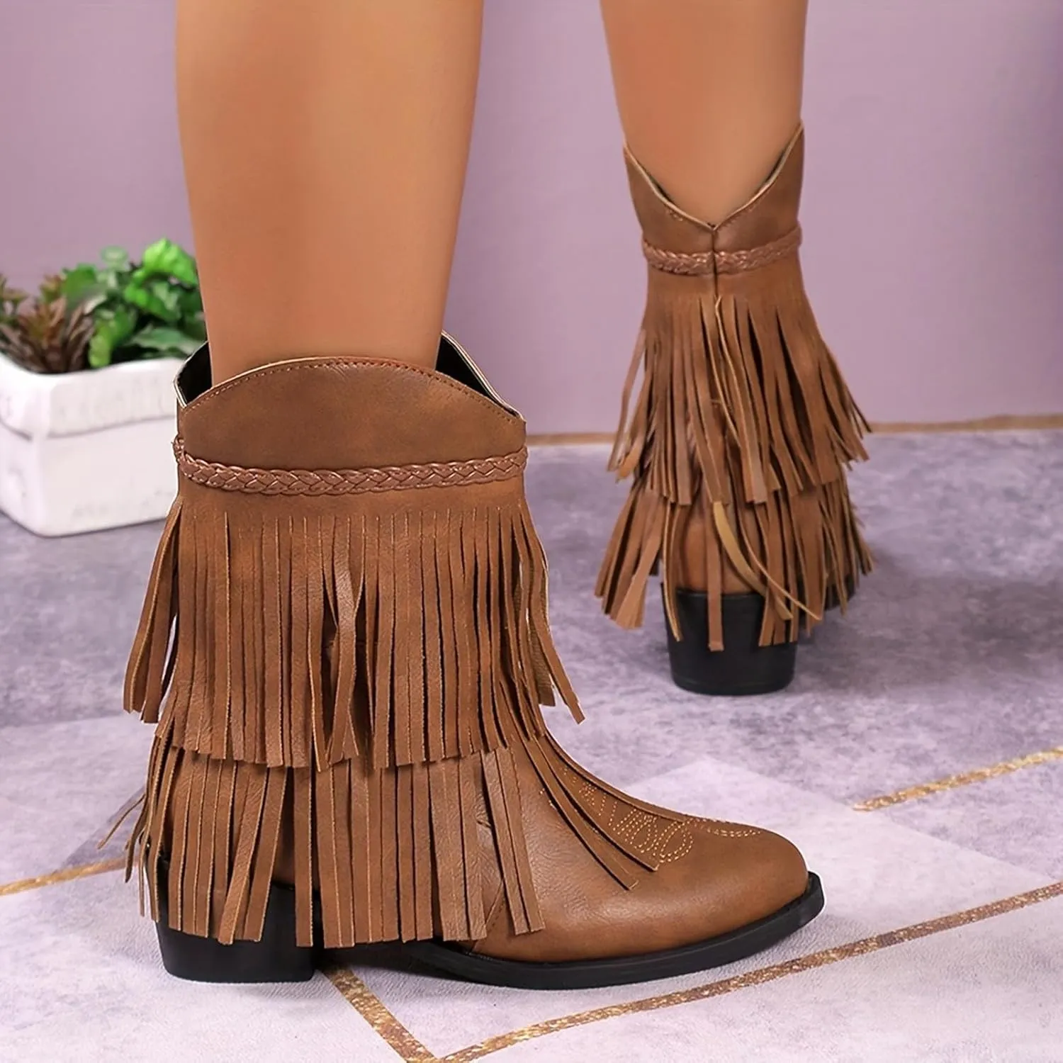 Hiking Boots Women Women's Mid Calf Tassel Cowboy Boots Embroidery Low Heels Western Bootie For Ladies Fall Winter