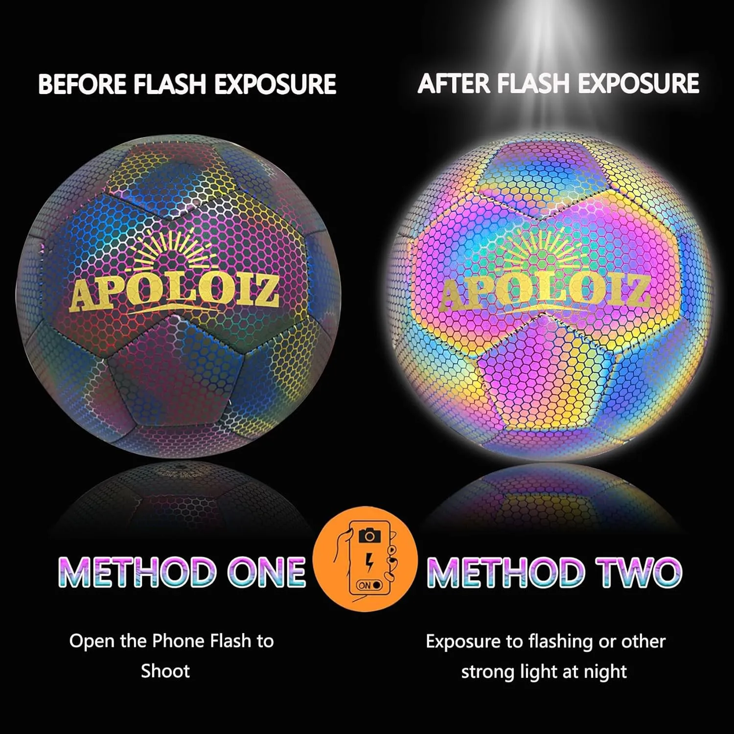 Holographic Reflective Soccer Ball Size 5,Glow in The Dark,Reflective Glowing Ball for Night Soccer (with Pump) (Size 5)