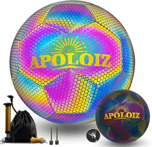 Holographic Reflective Soccer Ball Size 5,Glow in The Dark,Reflective Glowing Ball for Night Soccer (with Pump) (Size 5)