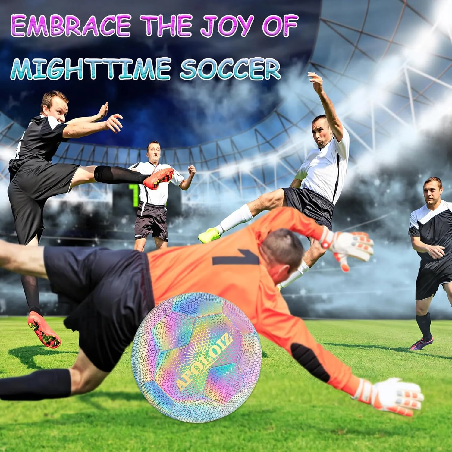 Holographic Reflective Soccer Ball Size 5,Glow in The Dark,Reflective Glowing Ball for Night Soccer (with Pump) (Size 5)