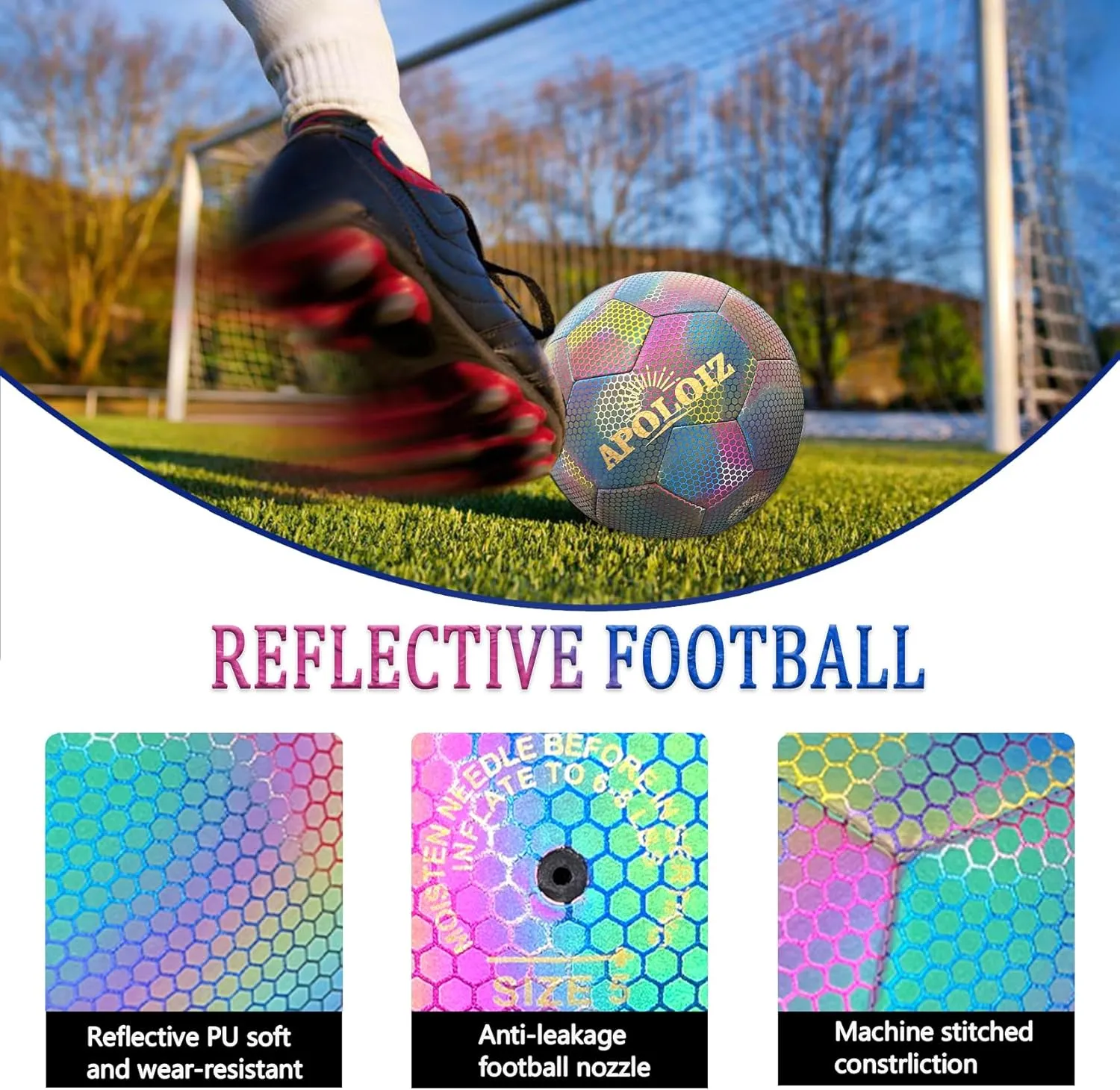 Holographic Reflective Soccer Ball Size 5,Glow in The Dark,Reflective Glowing Ball for Night Soccer (with Pump) (Size 5)